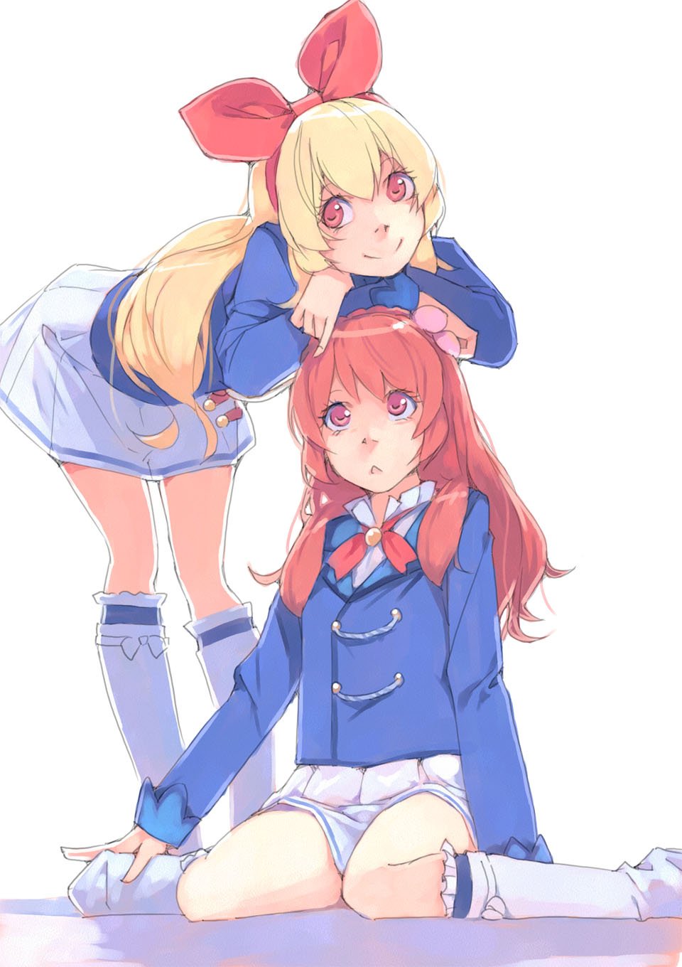 2girls aikatsu! aikatsu!_(series) akinbo_(hyouka_fuyou) bent_over blonde_hair blue_jacket bow braid brown_hair crossed_arms crown_braid hair_bow hairband hands_on_another's_head highres hoshimiya_ichigo jacket kneehighs long_hair long_sleeves looking_up miniskirt multiple_girls oozora_akari pleated_skirt red_bow red_eyes red_hairband red_ribbon ribbon shiny shiny_hair simple_background sitting skirt smile standing triangle_mouth very_long_hair wariza white_background white_legwear white_skirt