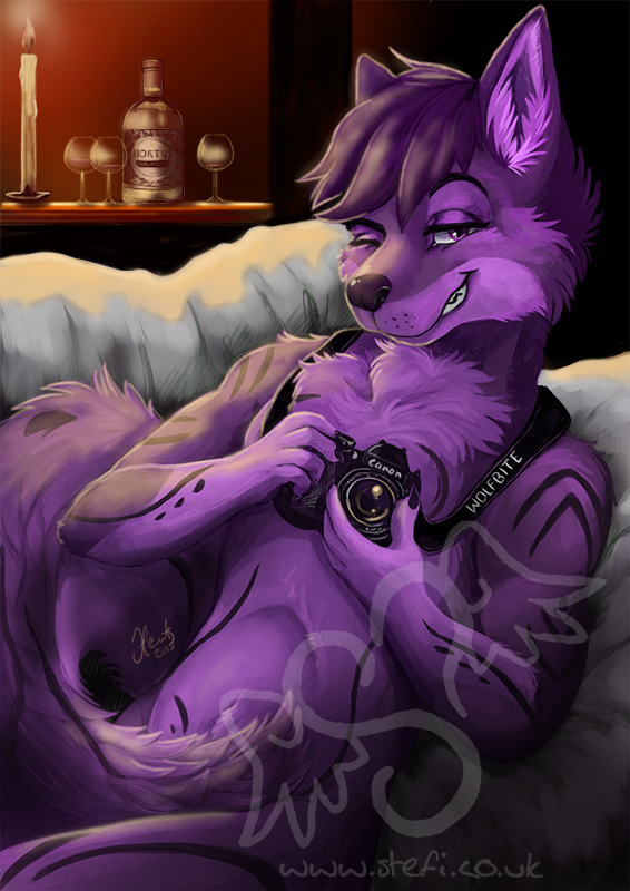 2018 alcohol anthro beverage big_tail biped black_eyebrows black_fur black_tail bottle camera candle canine claws convenient_censorship detailed_background digital_media_(artwork) distracting_watermark eyebrows fluffy fluffy_tail fur glass hair holding_object inside long_tail looking_at_viewer lying male mammal multicolored_fur multicolored_tail nude on_back one_eye_closed purple_claws purple_eyes purple_fur purple_hair purple_nose purple_tail short_hair signature smile smirk solo stefi_heartlilly tail_censorship two_tone_fur two_tone_tail url watermark wink wolf wolfbite