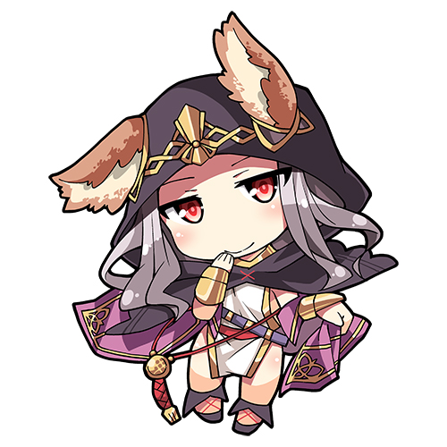 animal_ears blush bracer cat_ears chibi dress ears_through_headwear erune full_body granblue_fantasy hand_to_own_mouth hood long_hair looking_at_viewer lowres nyagakiya pelvic_curtain red_eyes scathacha_(granblue_fantasy) silver_hair simple_background smile solo white_background white_dress