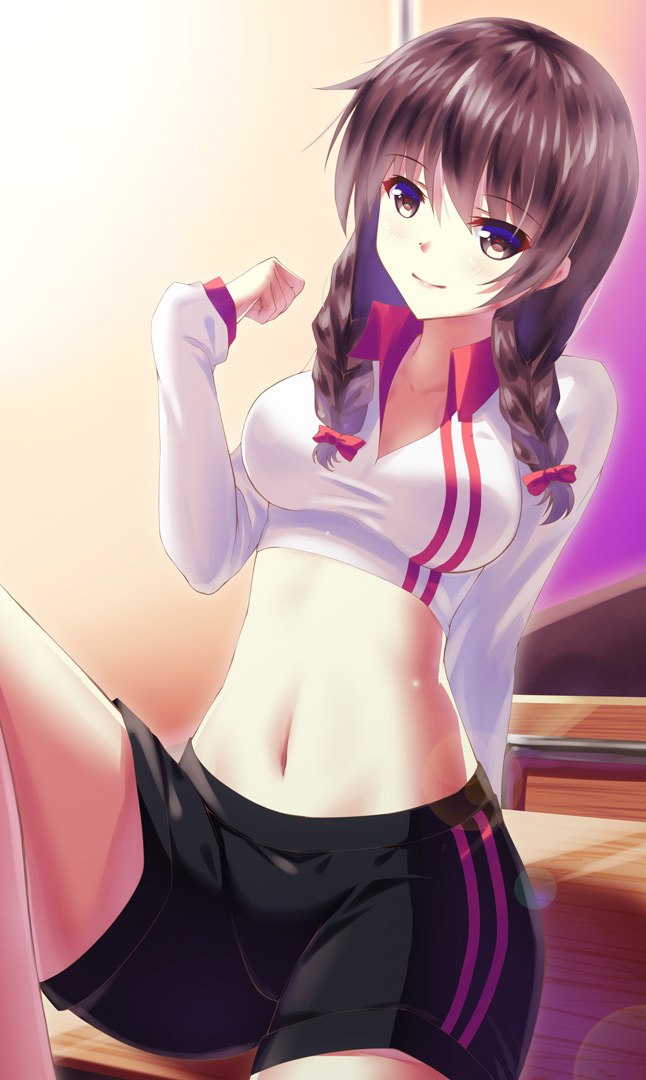 arm_behind_back arm_support braid breasts brown_eyes brown_hair clenched_hand crop_top gym_shorts gym_uniform hair_over_shoulder indoors leg_up lens_flare light_smile long_hair looking_at_viewer medium_breasts midriff navel original shorts sitting sleeves_past_wrists solo twin_braids zha_yu_bu_dong_hua