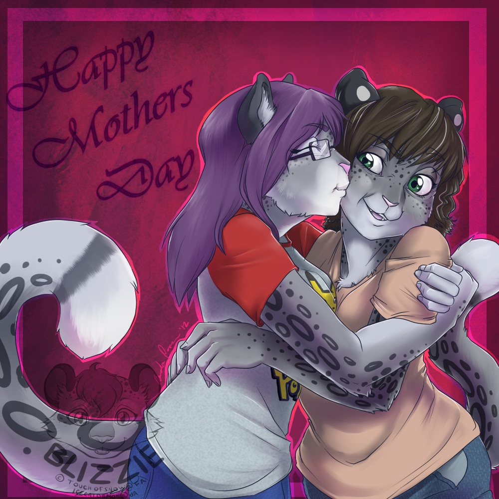 2012 anthro breasts brown_hair clothing daughter duo english_text eyes_closed eyewear feline female fur glasses grey_fur hair holidays hug kissing leopard long_hair mammal mother mother's_day nintendo open_mouth pants parent pikachu pink_nose pok&eacute;mon purple_background purple_hair raised_tail rodent shirt snow_leopard spots text touchofsnow video_games white_fur