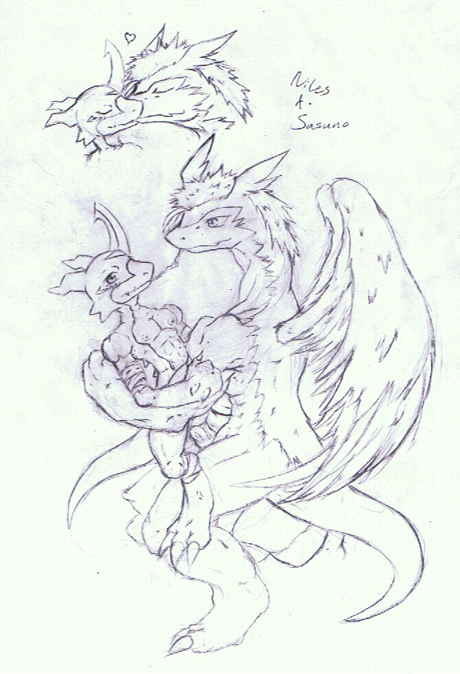 &lt;3 2010 anal anal_insertion anal_penetration claws crossover digimon dragon drooling english_text eyes_closed feathers flamedramon fur furred_dragon hair horn insertion kissing legendz long_hair monochrome muscular nipples penetration penis ranshiin saliva scalie simple_background size_difference sketch text tigerlilylucky toe_claws traditional_media_(artwork) white_background wings