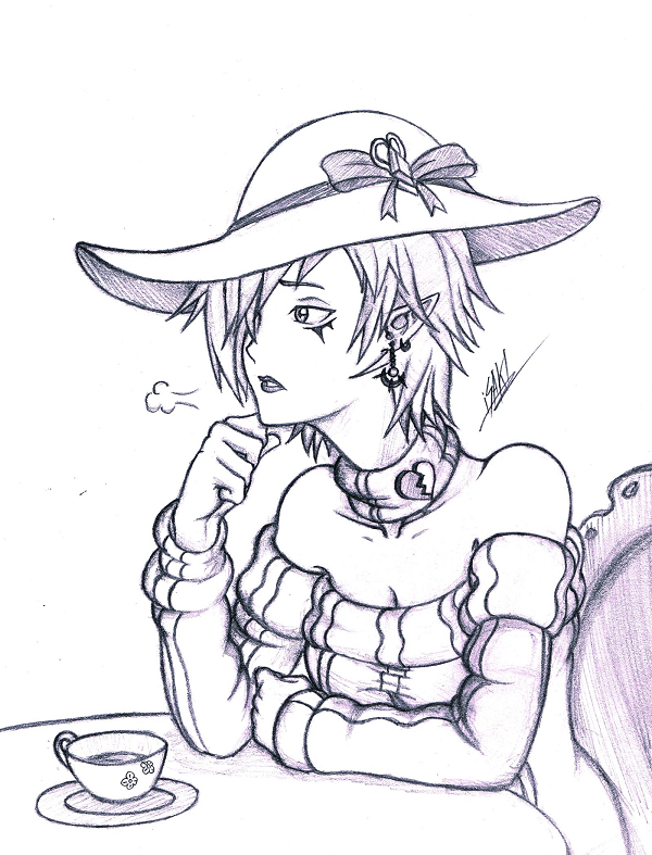 alternate_costume commentary elf hat isaki_tanaka magiquone monochrome neptune_(series) pointy_ears sigh signature sketch source_request table tea