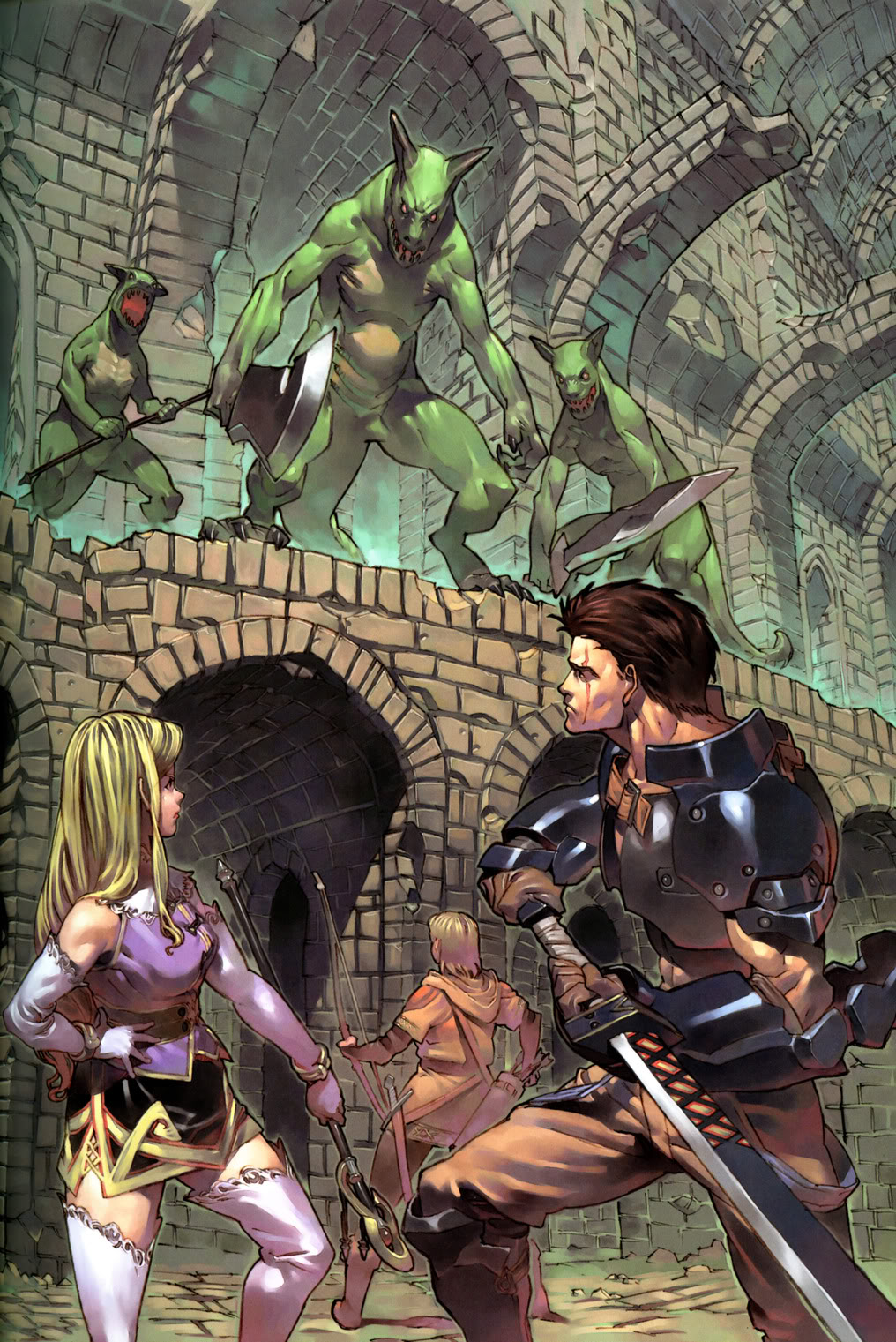 2boys arch armor arngrim arrow blonde_hair bow_(weapon) bracelet breastplate brown_gloves brown_hair brown_pants buckle character_request dagger dungeon elbow_gloves from_behind from_below gloves green_eyes highres holding holding_staff holding_weapon hood hood_down hooded_jacket indoors jacket jewelry lizardman llewelyn long_hair looking_at_another miniskirt monster multiple_boys mystina official_art pants pauldrons polearm quiver ruins scar scar_across_eye sheath sheathed shirt short_hair skirt sleeveless sleeveless_shirt staff standing stone_wall sword thighhighs two-handed valkyrie_profile vambraces wall weapon white_gloves white_legwear yoshinari_you zettai_ryouiki
