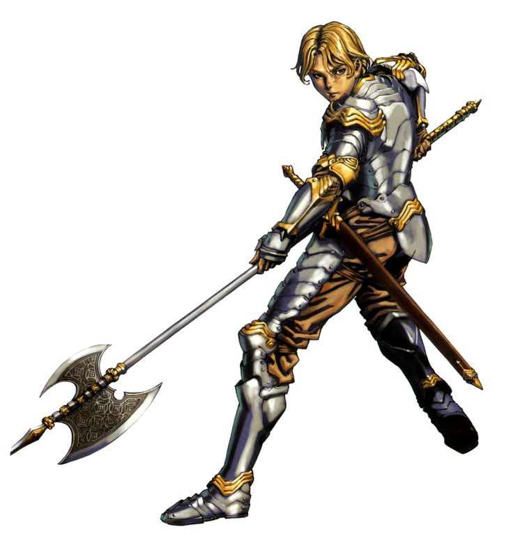armor axe blonde_hair blue_eyes fingerless_gloves full_armor full_body gauntlets gloves halberd holding holding_weapon lance lawfer male_focus official_art polearm sheath sheathed shoulder_pads solo standing sword valkyrie_profile weapon white_background yoshinari_kou yoshinari_you
