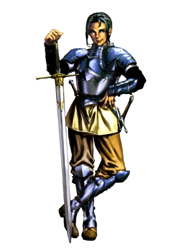 arm_guards armor belt black_hair blue_eyes boots breastplate dagger full_body greatsword greaves hand_on_hip kashell knee_boots knee_pads knight long_sword looking_at_viewer male_focus official_art shoulder_pads sidelocks simple_background smile solo standing sword valkyrie_profile weapon white_background yoshinari_kou yoshinari_you