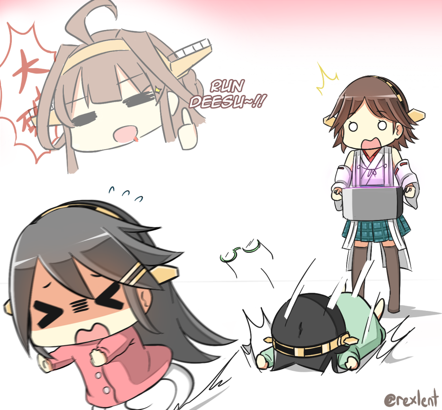 &gt;o&lt; 4girls =_= ahoge apron black_hair black_legwear blood blood_from_mouth brown_hair empty_eyes english eyewear_removed faceplant flying_sweatdrops food glasses hair_ornament hairclip haruna_(kantai_collection) headgear hiei_(kantai_collection) kantai_collection kirishima_(kantai_collection) kongou_(kantai_collection) long_hair multiple_girls no_legwear nontraditional_miko o_o outstretched_arms pot rexlent short_hair sparkle thighhighs thumbs_up translation_request tripping twitter_username wheel_o_feet