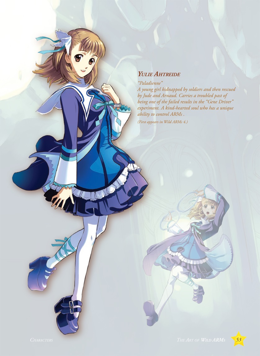 :d :o aqua_ribbon artbook blonde_hair blue_dress bracelet brown_eyes capelet character_name character_sheet concept_art dress english hair_ribbon jewelry layered_dress looking_at_viewer map multiple_views official_art ooba_wakako open_mouth pantyhose purple_dress ribbon ring short_hair smile teeth text_focus white_background white_legwear wild_arms wild_arms_4 yulie_ahtreide