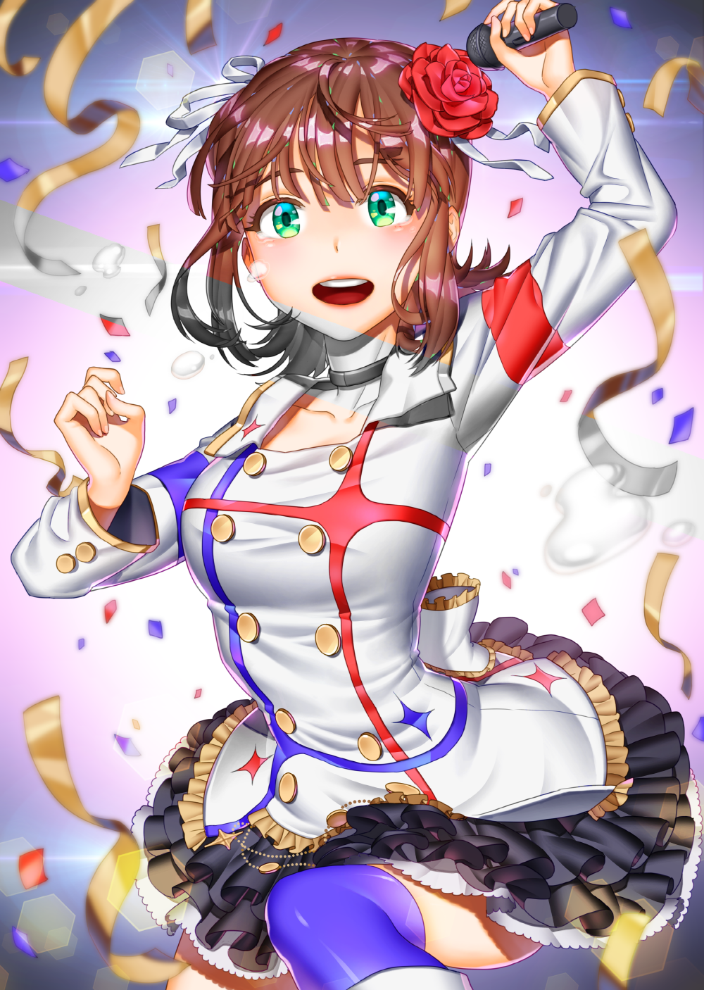 amami_haruka bad_anatomy blue_legwear brown_hair choker clenched_hands clinexgrim collarbone commentary_request confetti flower frilled_skirt frills green_eyes hair_flower hair_ornament hair_ribbon highres holding idolmaster idolmaster_(classic) idolmaster_movie long_sleeves looking_at_viewer microphone open_mouth ribbon short_hair skirt smile solo thighhighs white_ribbon