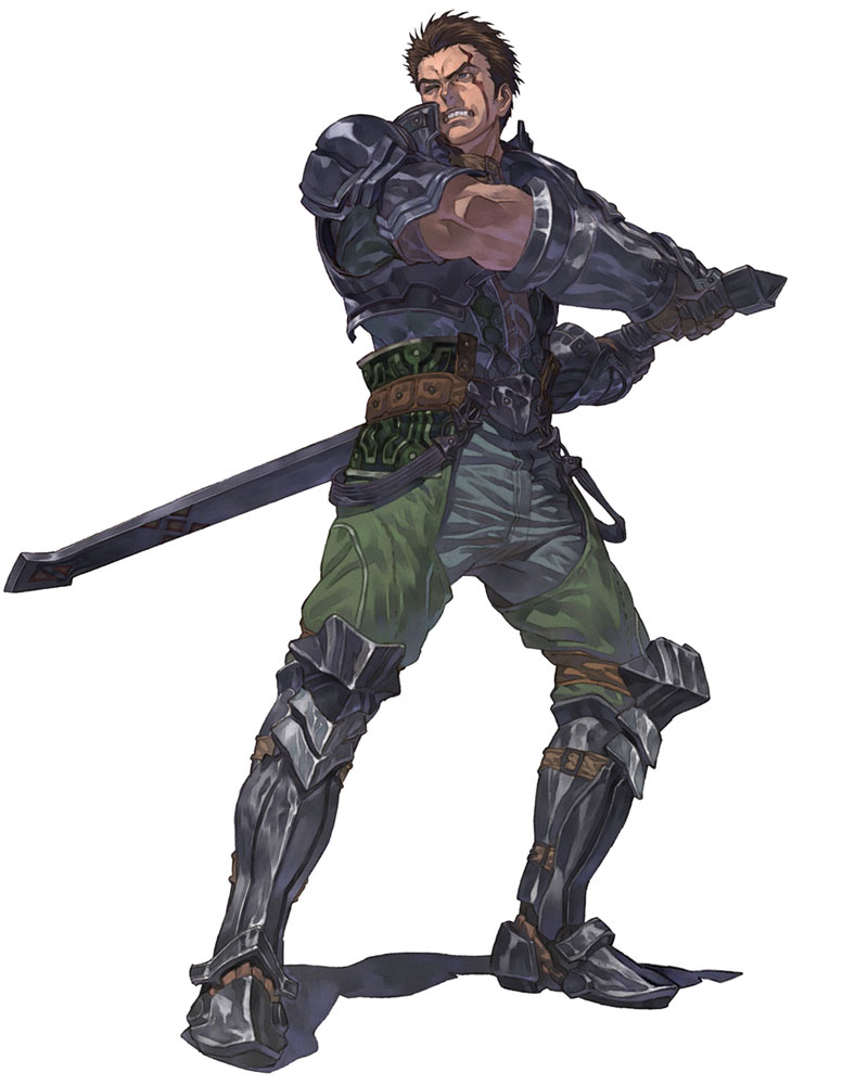 arm_guards armor arngrim boots facial_mark fighting_stance from_above full_body greatsword holding holding_sword holding_weapon knee_boots knee_pads male_focus muscle official_art open_clothes open_vest pants scar shoulder_pads simple_background solo sword valkyrie_profile vest weapon white_background yoshinari_kou yoshinari_you