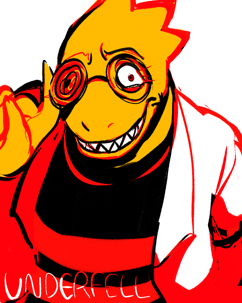 alphys broken_glasses chibimu clothing doctor_alphys_(underfell) english_text eyewear female glasses simple_background smile solo tagme teeth text underfell undertale video_games