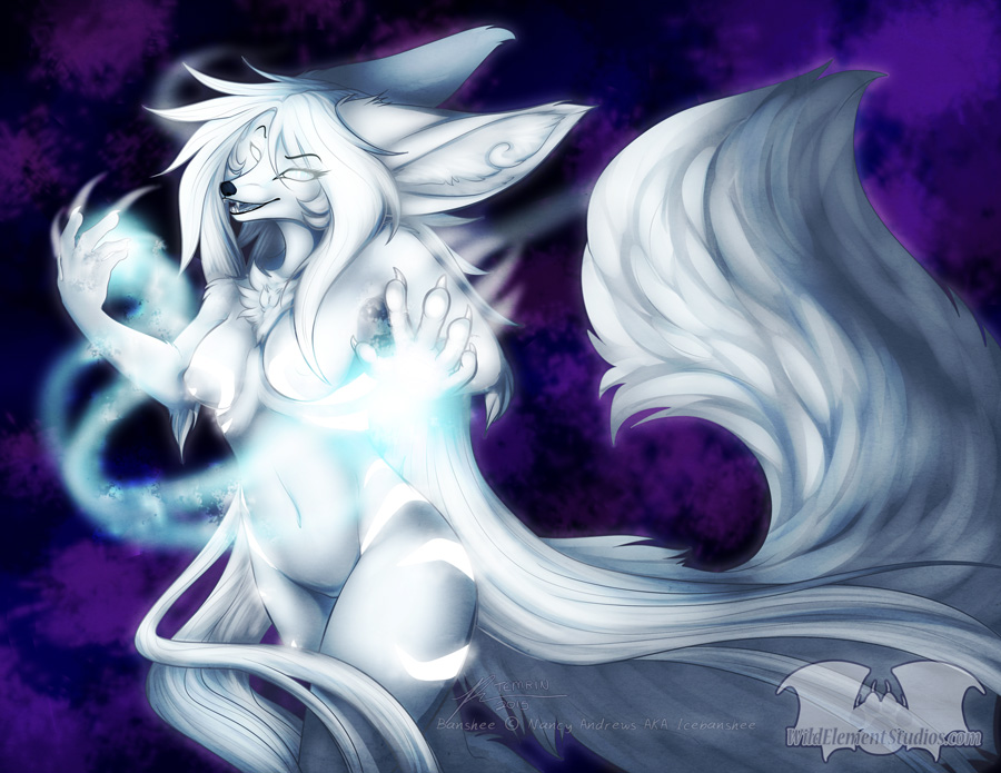 2015 anthro banshee birthday blue_fur breasts canine chest_tuft elemental female fox frost fur ghost ghostly gift glowing glowing_eyes hair ice icebanshee invalid_tag long_hair long_tail looking_at_viewer magic mammal nightfrost nude open_mouth simple_background smile solo spirit temrin tuft white_hair