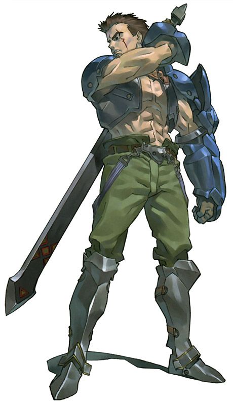 arm_guards arngrim behind_back belt boots full_body greatsword holding holding_sword holding_weapon knee_boots male_focus muscle official_art pants shoulder_pads simple_background sleeveless solo standing sword valkyrie_profile vest weapon white_background yoshinari_kou yoshinari_you