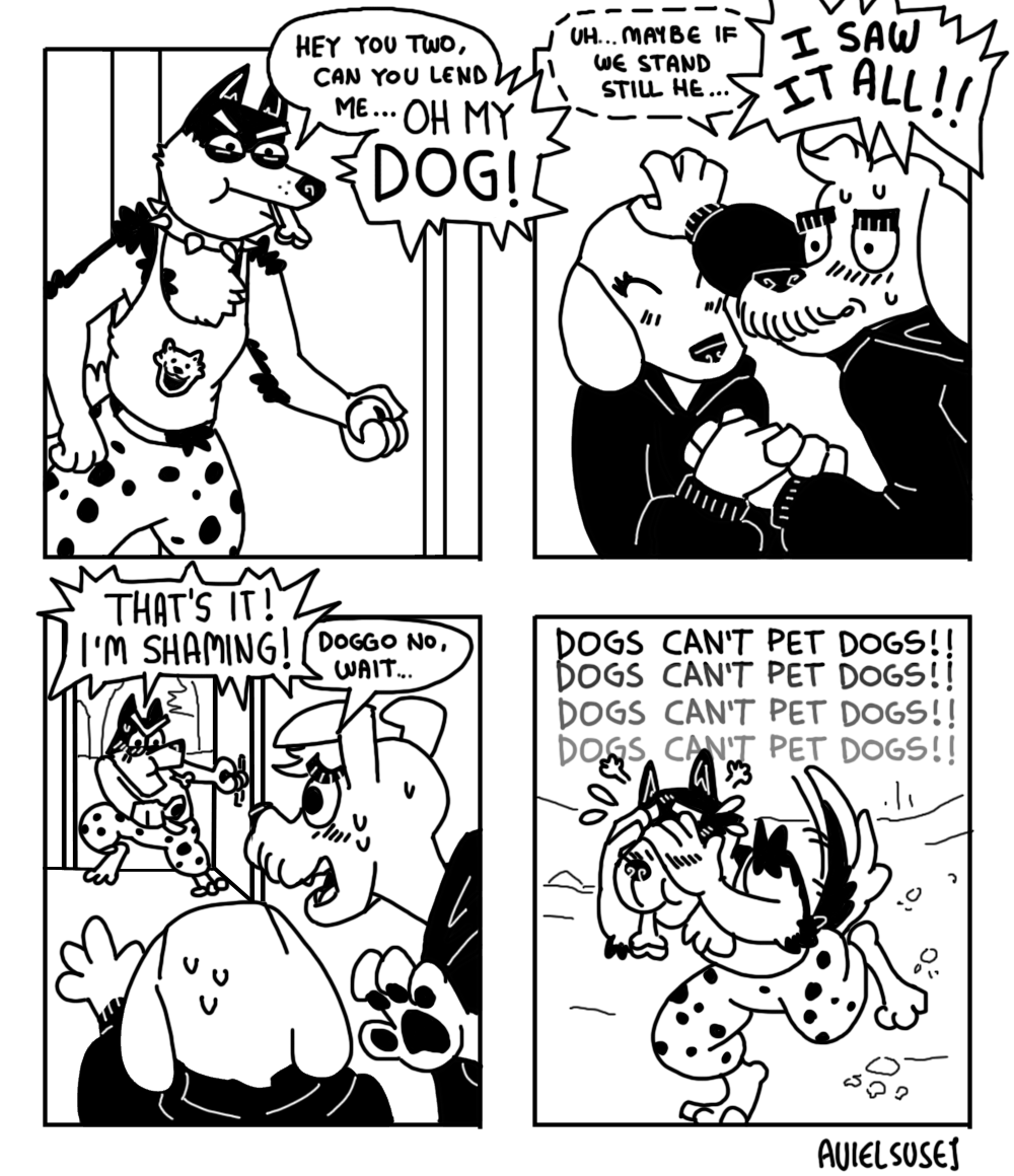 anthro avielsusej black_and_white canine cloak clothing collar comic couple crying dialogue dog dog_treat dogamy dogaressa doggo english_text facial_hair female group humor male mammal monochrome mustache open_mouth petting speech_bubble spiked_collar sweat tears text undertale video_games yelling