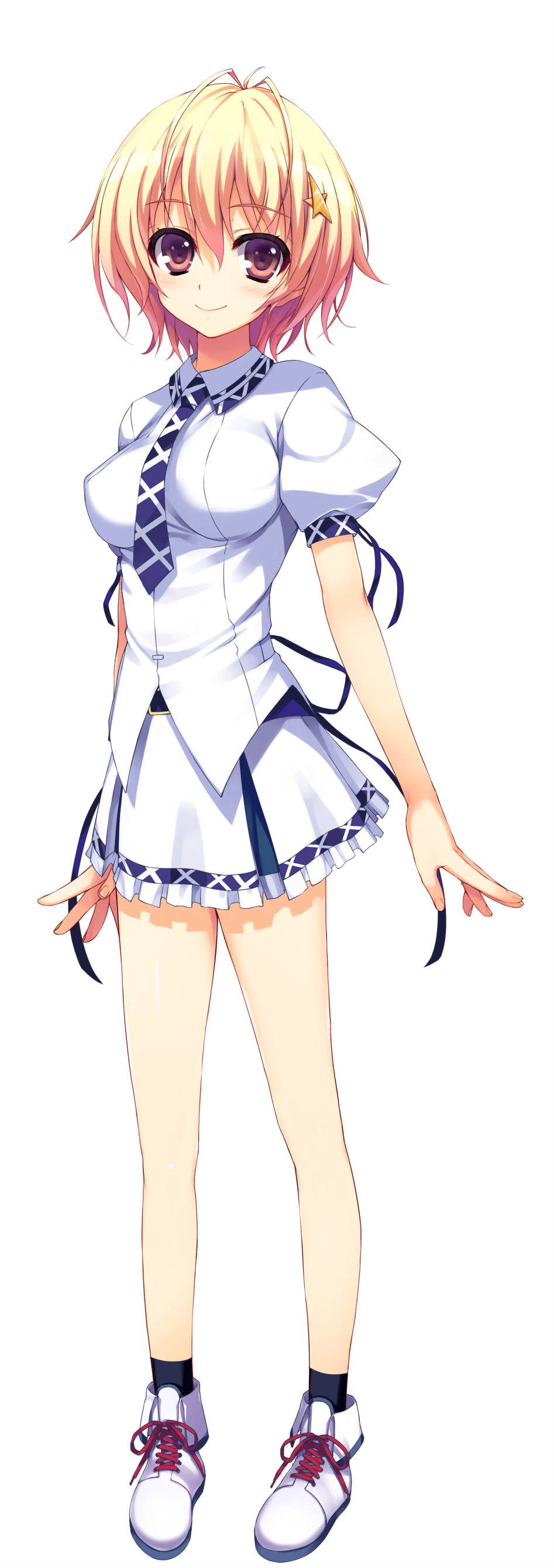 absurdres antenna_hair blonde_hair brown_eyes full_body hair_ornament highres looking_at_viewer necktie non-web_source nozomi_(reminiscence) reminiscence school_uniform shoes short_hair smile solo tomose_shunsaku transparent_background