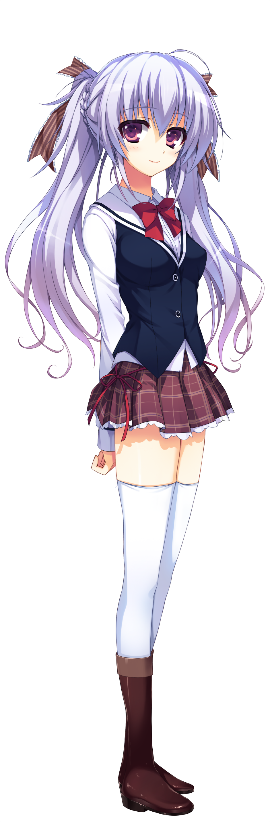 absurdres arms_behind_back blush boots full_body highres knee_boots lavender_hair long_hair long_sleeves looking_at_viewer non-web_source pleated_skirt purple_eyes reminiscence ribbon school_uniform shimazu_aki skirt smile solo thighhighs tomose_shunsaku transparent_background twintails white_legwear zettai_ryouiki