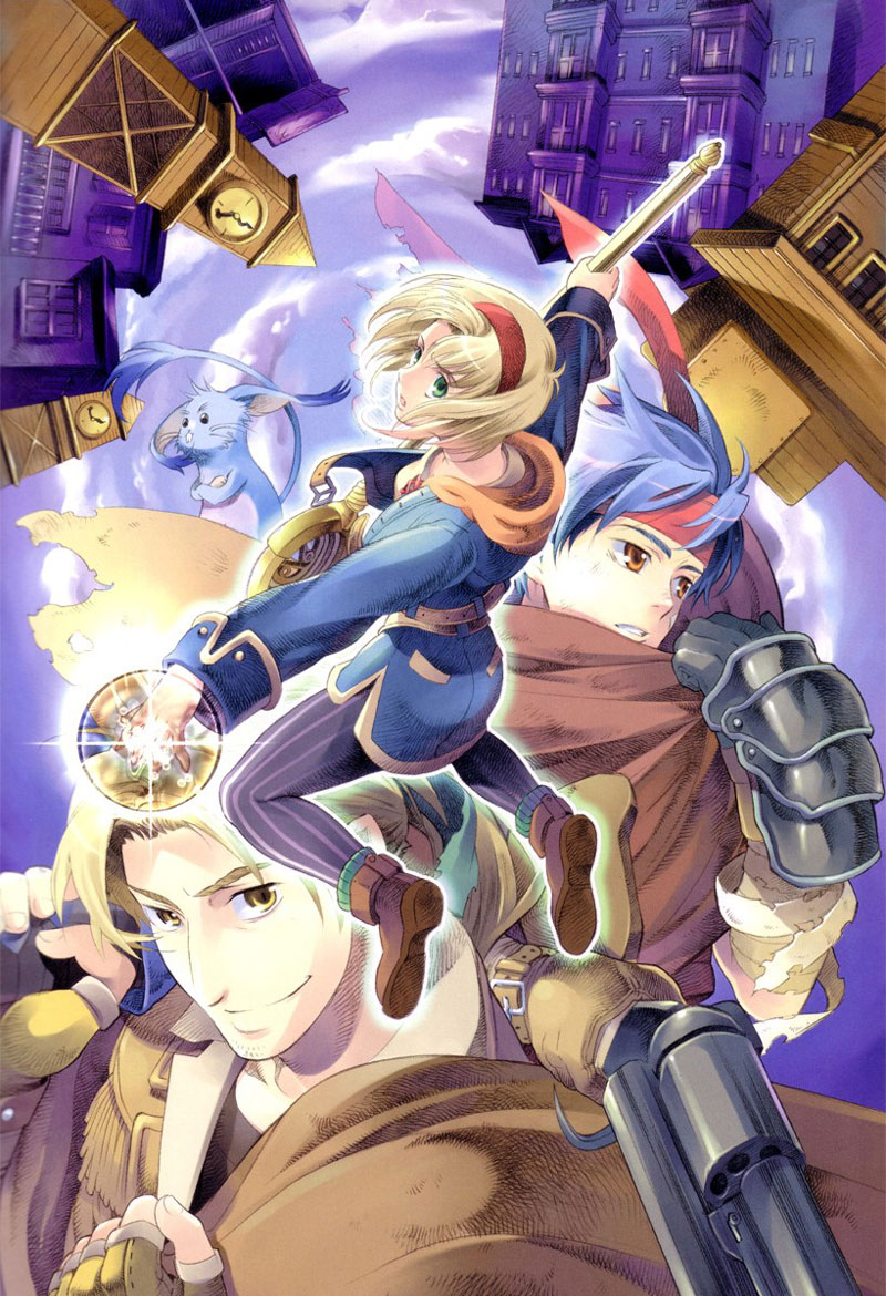 2boys ahoge bandages belt blonde_hair blue_hair bracer brown_eyes building cape cecilia_lynne_adelhyde clock clock_tower close-up cloud coat creature crossed_arms fingerless_gloves gauntlets gloves green_eyes gun hairband hanpan headband jack_van_burace kneeling long_hair magic multiple_boys official_art ooba_wakako pantyhose ponytail red_hairband rody_roughnight scan shoes short_hair skirt sky smile staff striped striped_legwear sword tail tower vertical-striped_legwear vertical_stripes wand weapon white_background wild_arms wild_arms_1