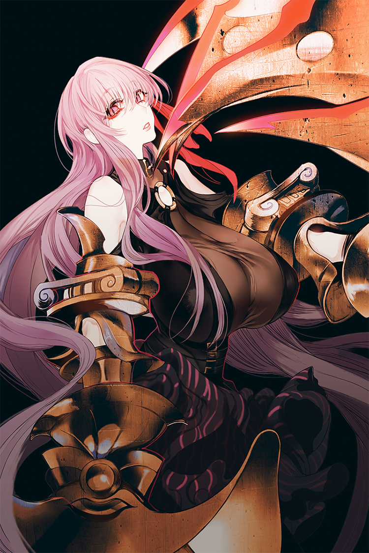 bare_shoulders belt_collar breasts claws commentary_request fate/grand_order fate_(series) hair_ribbon huge_breasts long_hair looking_at_viewer o-ring o-ring_top parted_lips passion_lip pink_eyes pink_hair red_ribbon ribbon slit_pupils solo tobi0728 very_long_hair
