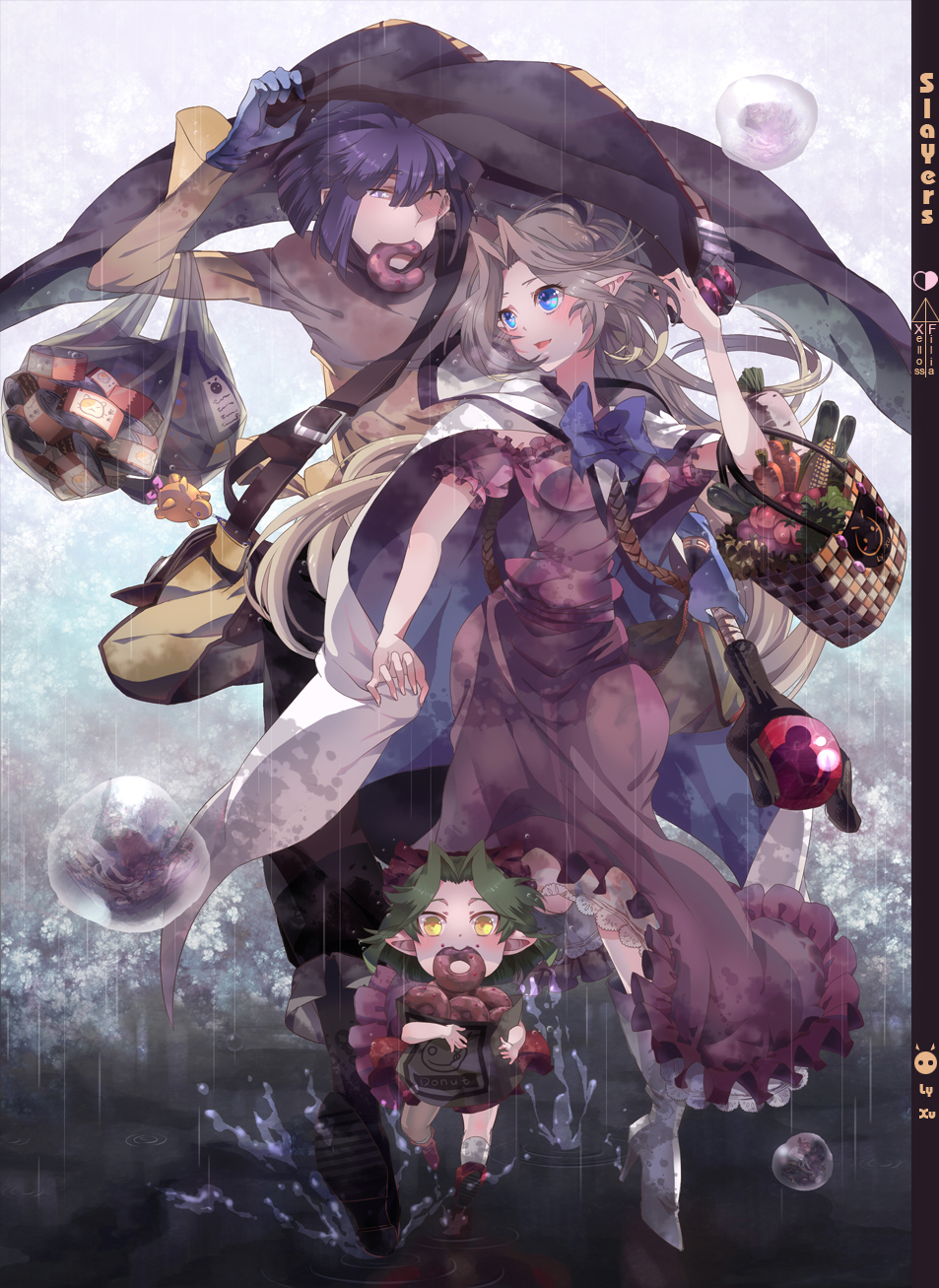 2girls bag basket belt blonde_hair blush boots cape filia_ul_copt food green_hair highres long_hair lyxu mouth_hold multiple_girls pointy_ears purple_hair rain shared_clothes shopping_bag short_hair slayers_try staff valgarv_(slayers) vegetable very_long_hair xelloss yellow_eyes