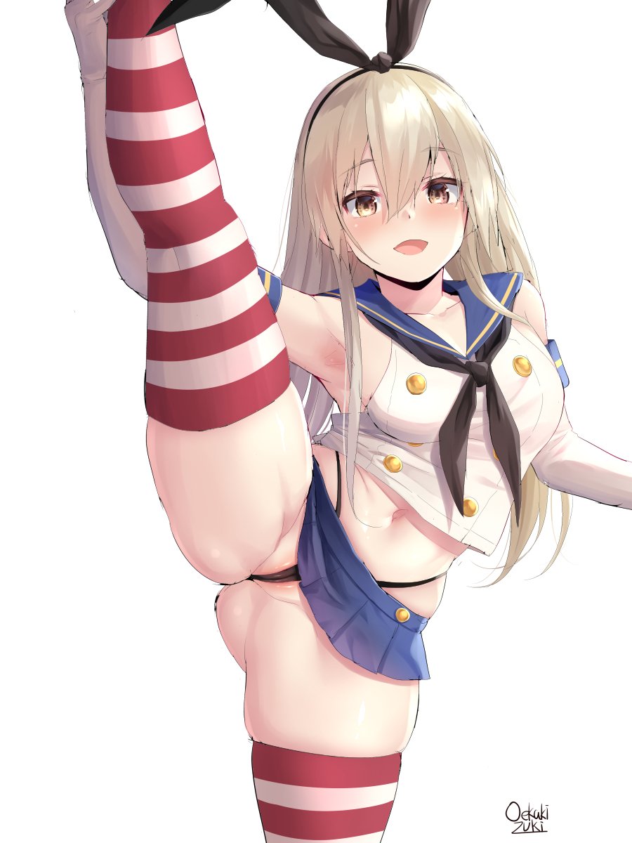 anchor_hair_ornament armpits ass black_hairband black_neckwear black_panties black_thong blonde_hair blue_sailor_collar blue_skirt breasts brown_eyes commentary_request cowboy_shot crop_top elbow_gloves gloves gluteal_fold hair_ornament hairband highleg highleg_panties highres kantai_collection long_hair looking_at_viewer medium_breasts microskirt miniskirt navel neckerchief oekakizuki open_mouth panties partially_visible_vulva sailor_collar shimakaze_(kantai_collection) signature simple_background skirt smile solo split spread_legs standing standing_on_one_leg standing_split striped striped_legwear thighhighs thong underwear white_background white_gloves