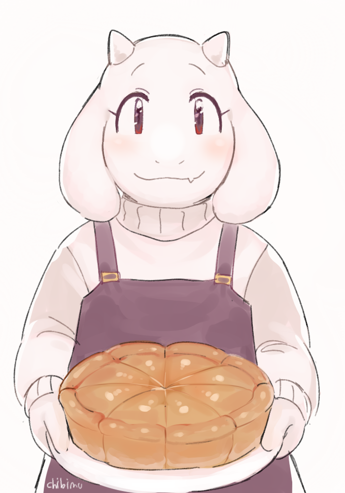 chibimu clothing cute female food front_view fur happy looking_at_viewer pie simple_background smile solo sweater toriel undertale video_games white_background white_fur