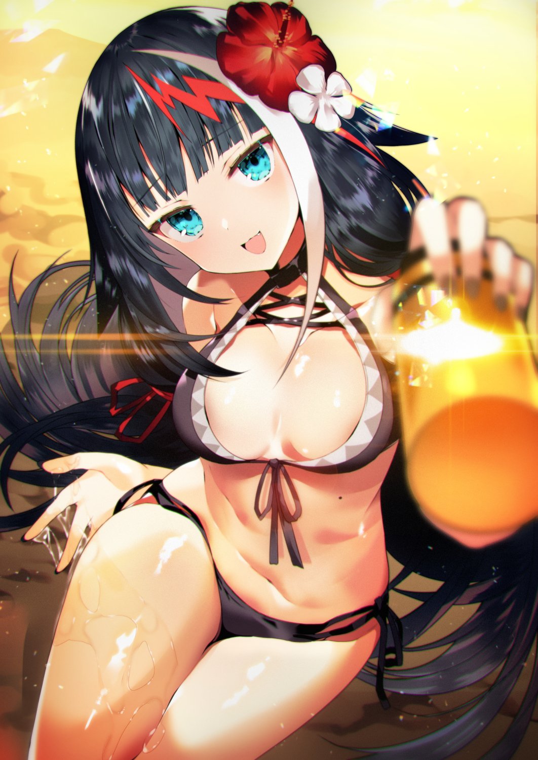 alternate_costume azur_lane bangs banned_artist bare_legs bare_shoulders beach bikini black_bikini black_hair black_hat black_nails blue_eyes blurry_foreground blush bottle breasts cleavage commentary deutschland_(azur_lane) eyebrows_visible_through_hair fang flower front-tie_bikini front-tie_top giving groin hair_flower hair_ornament hair_ribbon halter_top halterneck hand_up hat head_tilt highres holding holding_bottle knee_up long_hair looking_at_viewer lotion mole mole_on_body multicolored_hair nail_polish navel ocean open_mouth outdoors pinky_out reclining red_hair red_ribbon ribbon sand side-tie_bikini silver_hair skindentation smile stomach streaked_hair sunscreen sunset swimsuit tetsubuta thighs very_long_hair wet