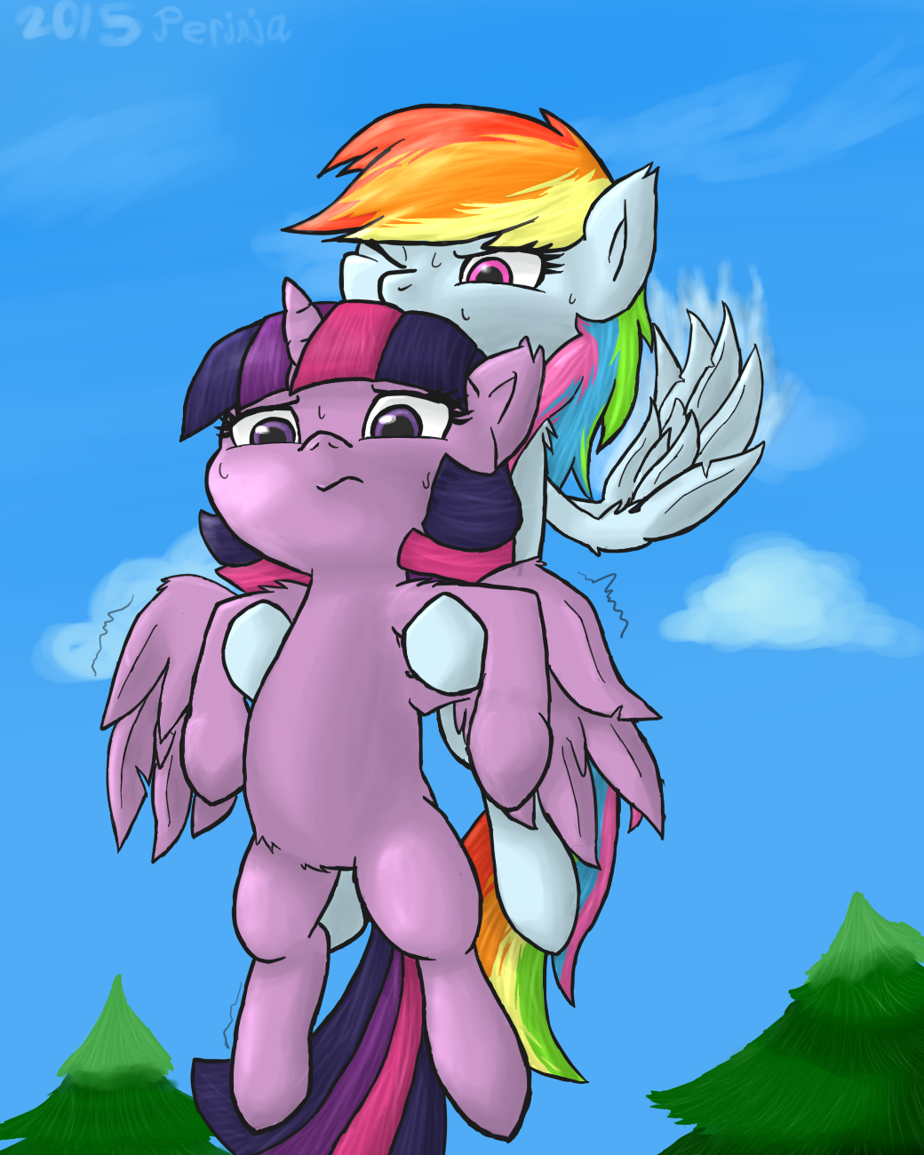 duo equine flying friendship_is_magic hair horn horse mammal multicolored_hair my_little_pony pegasus perinia pony rainbow_dash_(mlp) rainbow_hair sweat twilight_sparkle_(mlp) two_tone_hair winged_unicorn wings