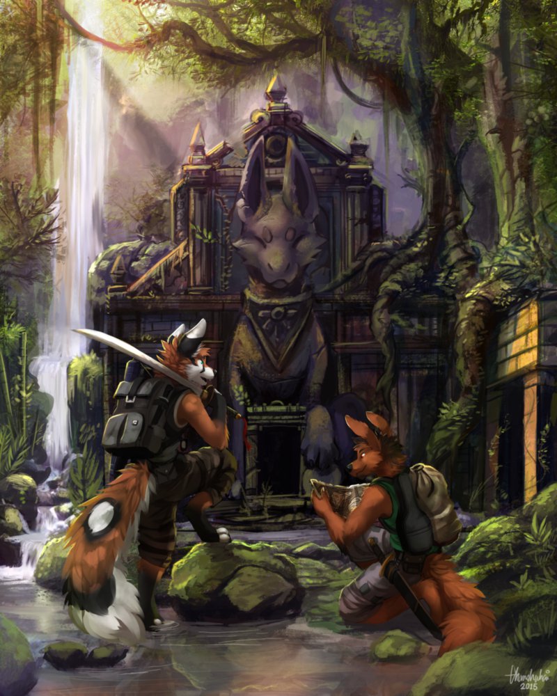 adventure anthro backpack canine clothing dog duo fennec forest fox fur grass history male mammal map melee_weapon sculpture smile statue sword temple thanshuhai tree water weapon