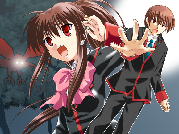 1girl bird bow brother_and_sister brown_hair headset little_busters! long_hair microphone mutsuki_masato natsume_kyousuke natsume_rin pink_bow ponytail red_eyes school_uniform siblings silhouette