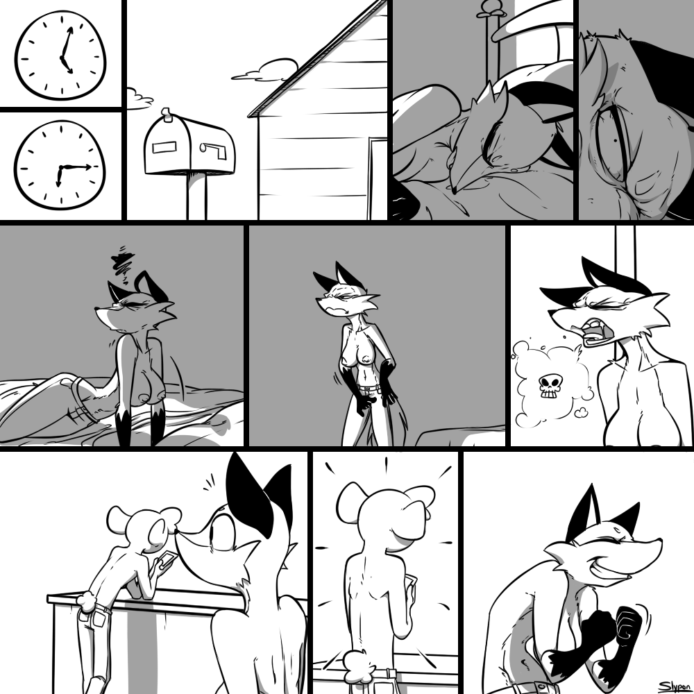 bed breasts burping canine caprine clothed clothing comic eyes_closed female fox half-dressed lying mailbox male mammal monochrome nipples on_front phone sheep sleeping slypon smile topless