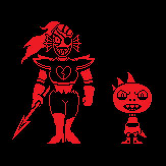 angry black_background clothing duo female fish front_view looking_at_viewer marine monochrome monster schelebro simple_background sprite teeth underfell undertale undyne undyne_(underfell) video_games weapon