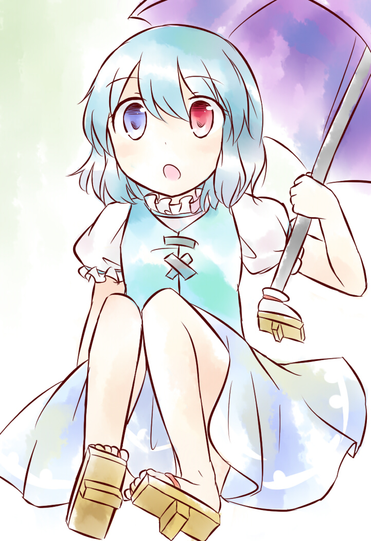 :o blush geta heterochromia open_mouth puchimirin puffy_short_sleeves puffy_sleeves short_sleeves sitting skirt solo tatara_kogasa tengu-geta toes touhou tunic umbrella