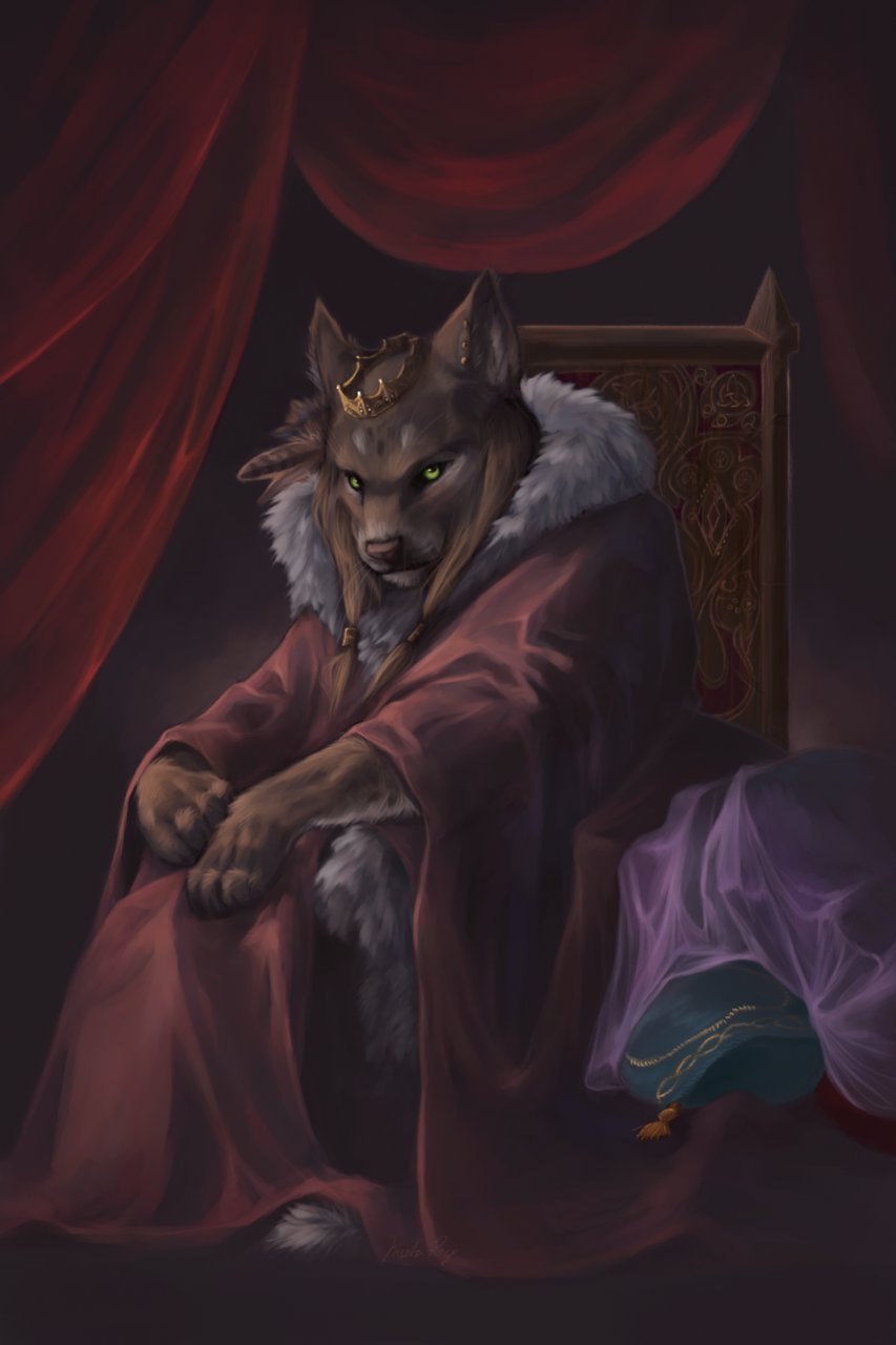 anthro clothed clothing crown dark feathers feline female green_eyes looking_at_viewer mammal pillow queen redwall robe royalty sitting solo throne thrushes tsarmina_greeneyes wildcat