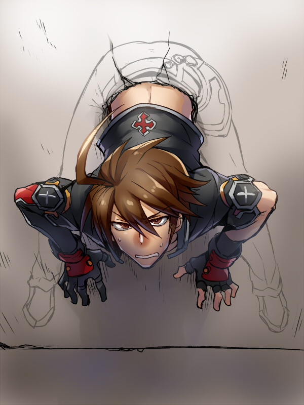 ahoge bent_over blazblue blazblue:_central_fiction brown_eyes brown_hair full_body gloves hair_between_eyes huge_ahoge kaneaki_mukku male_focus midriff mismatched_gloves naoto_kurogane solo stuck sweatdrop through_wall x-ray