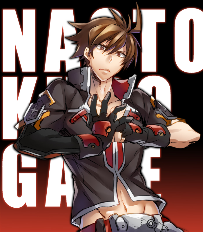 ahoge blazblue blazblue:_central_fiction brown_eyes brown_hair character_name clenched_hand gloves high_collar kaneaki_mukku male_focus mismatched_gloves naoto_kurogane navel own_hands_together solo spiked_hair spread_fingers
