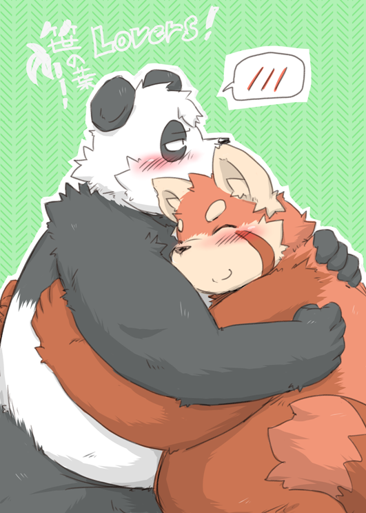 2012 anthro bear belly blush duo eyes_closed green_background hug humanoid_hands japanese_text kota&acute; male mammal overweight overweight_male panda red_panda simple_background text