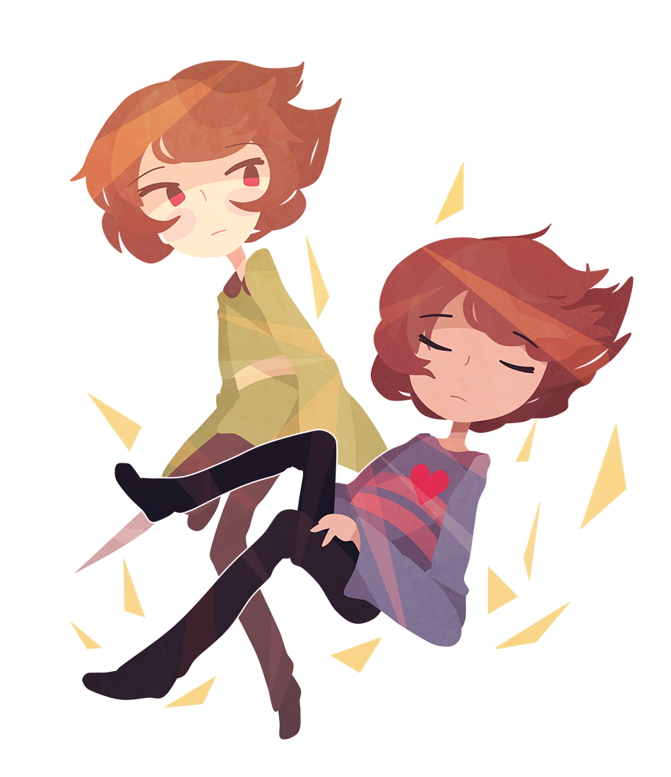 androgynous blush_stickers brown_hair chara_(undertale) closed_eyes closed_mouth frisk_(undertale) full_body heart knife multiple_others phantasmic red_eyes short_hair spoilers striped transparent_background undertale