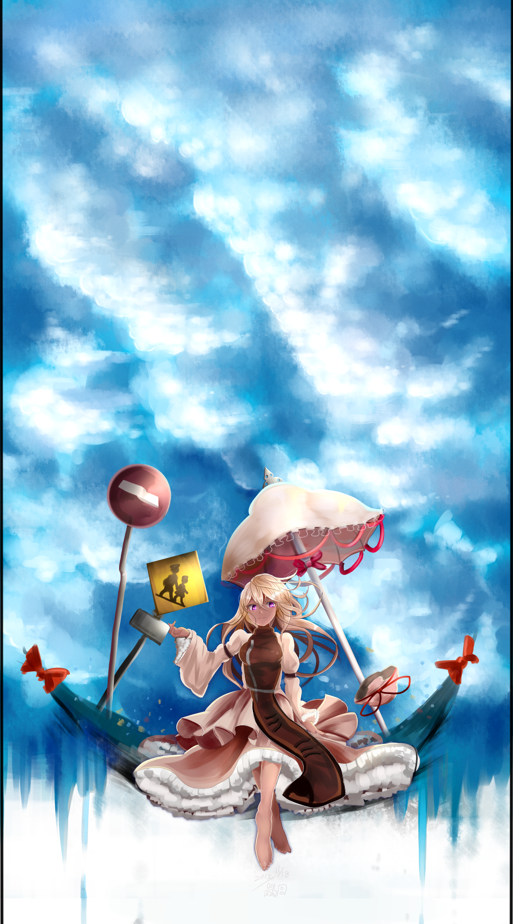 alternate_color armband barefoot blonde_hair blue_sky bow breasts cloud crossed_legs dress floating frilled_dress frills gap hand_up hat hat_removed hat_ribbon headwear_removed highres houdukixx layered_dress legs long_hair long_sleeves looking_down looking_to_the_side medium_breasts mob_cap pillarboxed pink_dress puffy_long_sleeves puffy_sleeves purple_eyes ribbon ribbon_trim road_sign shiny shiny_hair sign sitting sky smile solo tabard touhou umbrella wind yakumo_yukari