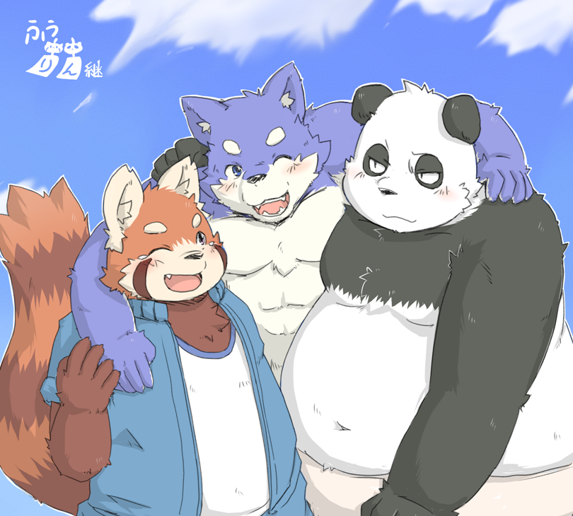 2012 anthro bear black_nose blue_eyes blush canine clothing group hug humanoid_hands japanese_text kota&acute; male mammal moobs navel one_eye_closed overweight overweight_male panda red_panda shirt text wink