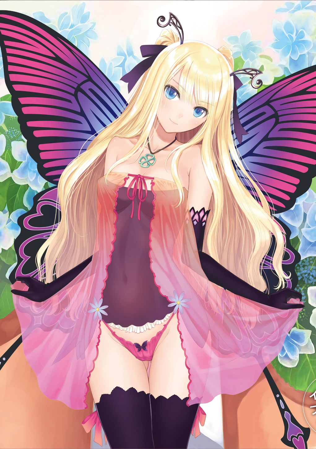 ass_visible_through_thighs bare_shoulders black_gloves blonde_hair blue_eyes bow bow_panties breasts butterfly_wings cameltoe cleavage covered_navel day elbow_gloves gloves hair_ribbon head_tilt highleg highleg_panties highres jewelry long_hair medium_breasts necklace original outdoors panties pink_panties ribbon scan smile solo tanaka_takayuki thigh_gap thighhighs two_side_up underwear wings