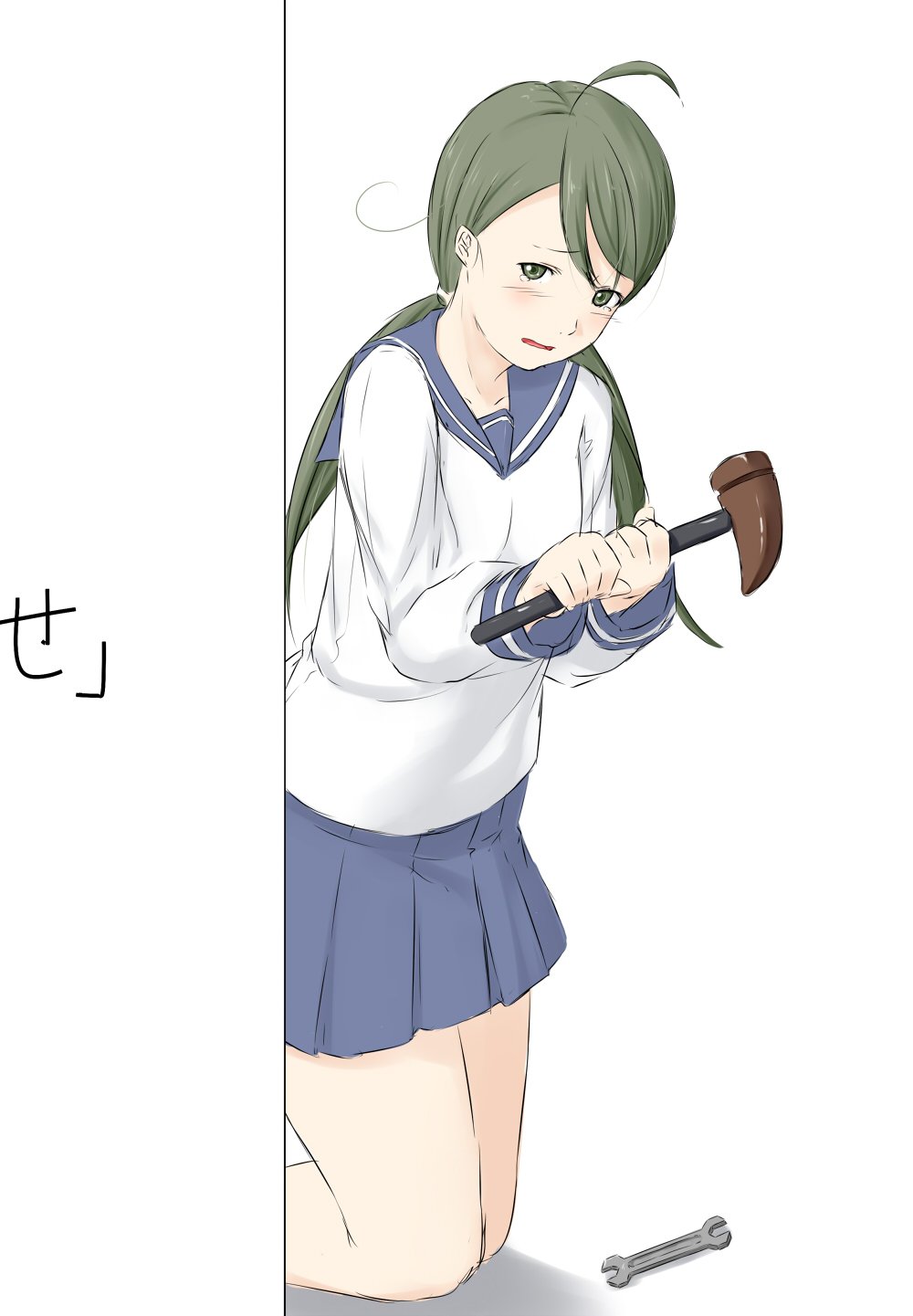 ahoge bare_legs blush green_hair hammer highres kantai_collection maintenance_musume_(kantai_collection) miniskirt niwatazumi school_uniform serafuku skirt solo tears translation_request twintails wall wrench