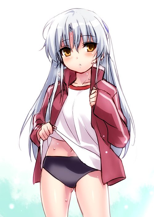 angel_beats! ass_visible_through_thighs buruma gym_uniform jacket lifted_by_self long_hair navel open_clothes open_jacket shirt_lift silver_hair solo standing sweat tenshi_(angel_beats!) track_jacket yellow_eyes zen