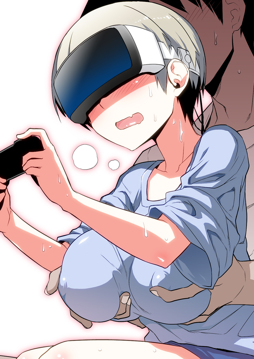 1girl blue_shirt blush breast_grab breasts collarbone commentary_request controller covered_nipples erect_nipples faceless faceless_male fang game_controller grabbing grabbing_from_behind grey_hair groping hitotose_rin holding_controller large_breasts loose_clothes loose_shirt nipple_tweak open_mouth sakurai_shinichi shirt short_hair short_sleeves shorts simple_background sitting sitting_on_lap sitting_on_person sweat t-shirt uzaki-chan_wa_asobitai! uzaki_hana vr_visor white_background