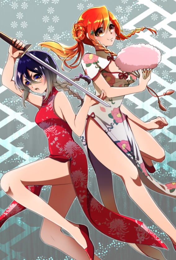 2girls arm_up bleach blue_hair braid breasts brown_eyes china_dress chinese_clothes cleavage cleavage_cutout dress fan floating_hair gradient_hair hair_between_eyes holding holding_fan holding_sword holding_weapon inoue_orihime kuchiki_rukia long_hair looking_at_viewer medium_breasts multicolored_hair multiple_girls open_mouth orange_hair pumps red_dress red_footwear shiny shiny_hair sleeveless sleeveless_dress smile stance sword twin_braids two-tone_hair umi_(pixiv6861961) weapon white_dress