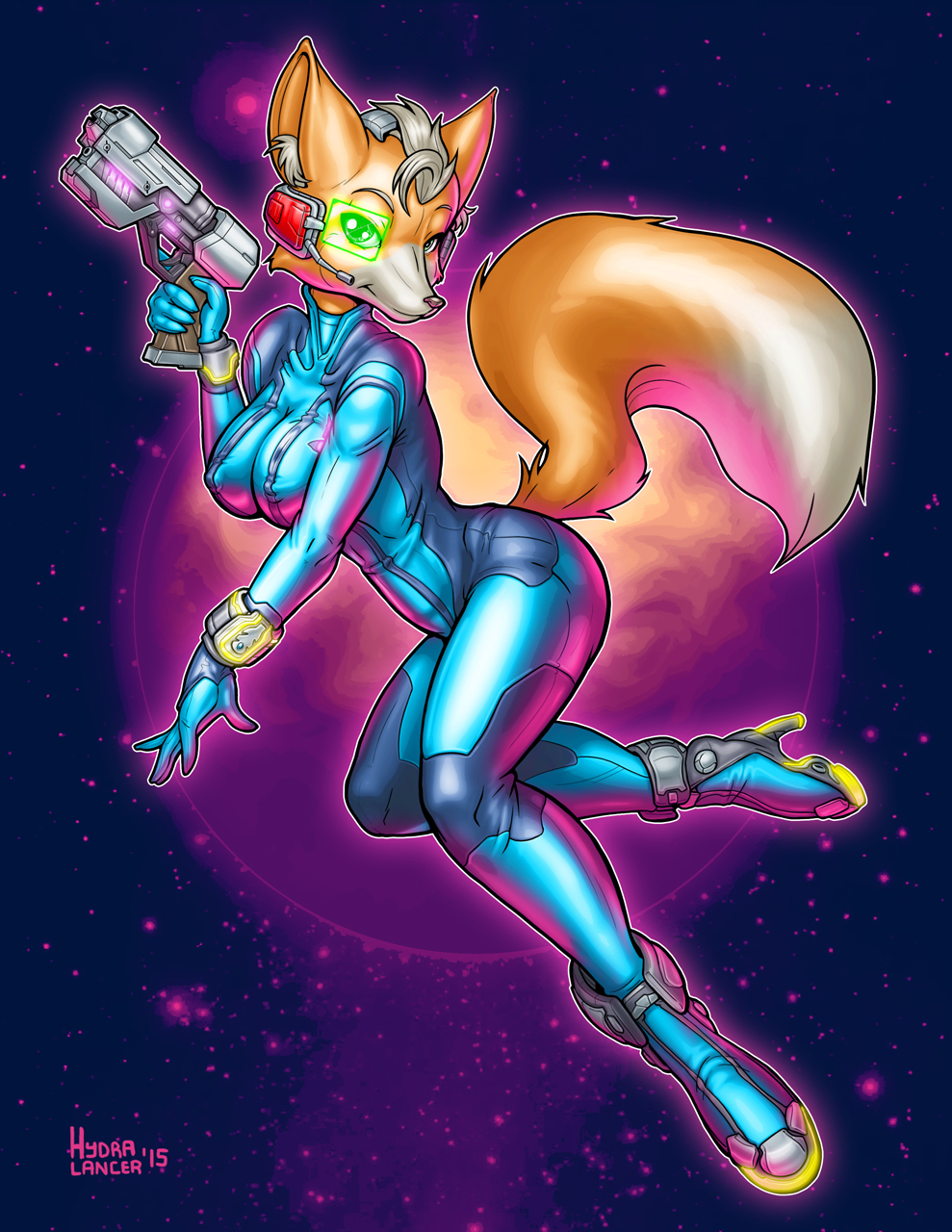 canine clothing female fox fox_mccloud gun hydralancer looking_at_viewer mammal nintendo ranged_weapon solo space star star_fox tight_clothing video_games weapon zero_suit zero_suit_fox