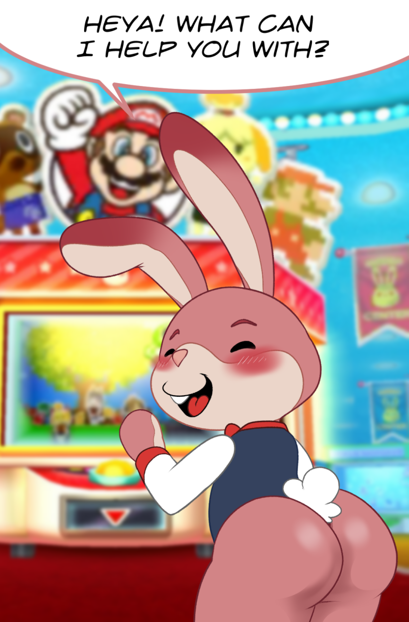 animal_crossing anthro badgegrab bottomless butt clothed clothing dialogue english_text eyes_closed fur half-dressed isabelle_(animal_crossing) jerseydevil lagomorph looking_back mammal mario mario_bros nintendo nintendo_badge_arcade open_mouth pink_fur rabbit text tom_nook_(animal_crossing) tongue video_games