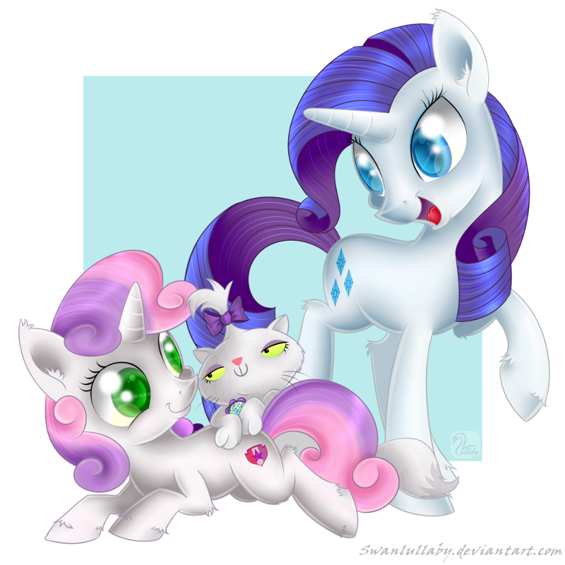 2015 cat cub cutie_mark equine feline female feral friendship_is_magic horn mammal my_little_pony opalescence_(mlp) rarity_(mlp) swanlullaby sweetie_belle_(mlp) unicorn young
