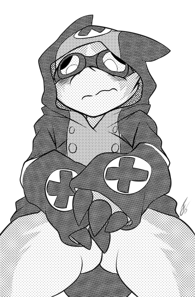 black_and_white blush bottomless clothed clothing covering covering_crotch embarrassed eyewear front_view goggles gremlin_(spiral_knights) half-dressed hoodie kyubikun male monochrome penis screentone signature solo spiral_knights