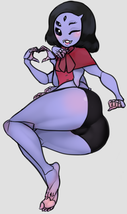 alternate_hairstle arachnid arthropod black_panties blush butt clothing fangs feet female five_eyes hair looking_at_viewer muffet one_eye_closed panties purple_skin red_dress scas short_hair six_arms soles solo spider undertale underwear video_games wide_hips