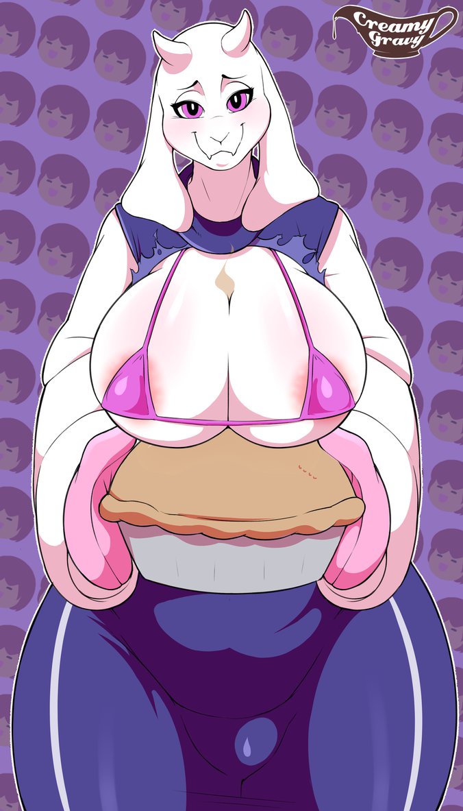 2015 anthro big_breasts bikini breasts caprine clothed clothing creamygravy english_text female food goat hi_res holding horn huge_breasts long_ears looking_at_viewer mammal monster pie solo swimsuit text toriel torn_clothing undertale video_games